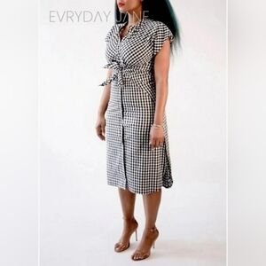 Evryday Jane Gingham Tie Waste Shirt Dress Black‎ White Women's 1x